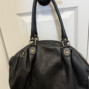 Gucci Black Embossed Leather Shoulder Bag with Gold Hardware